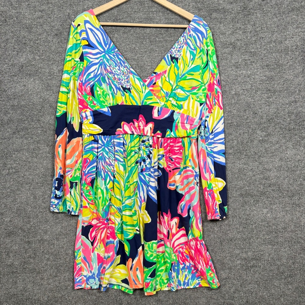 Lilly Pulitzer XL Mini Shift Dress Navy Fleur Resort  Travelers Palm Print Knit